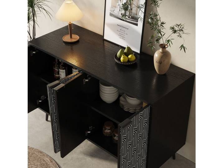 Buffet bas AESVAR 120 cm noir en MDF et métal porte géométrique pieds métalliques