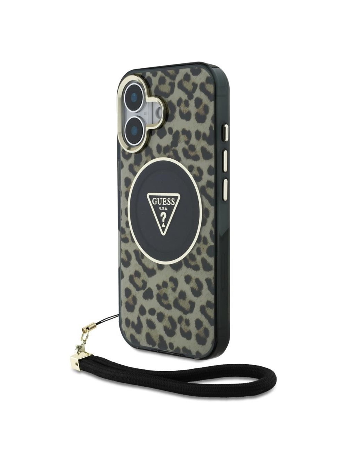 GUESS HC IML Leopard Triangle Cord Strap MagSafe iPhone 16 Case - Brown