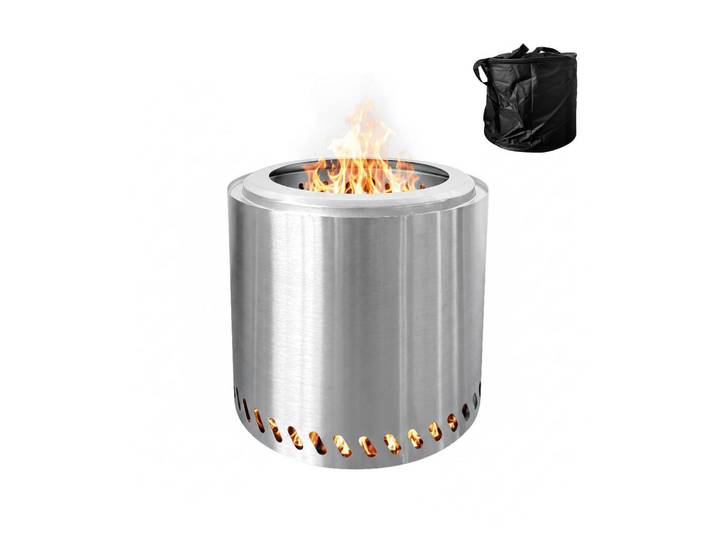 Relaxdays Feuerschale Silber raucharm Edelstahl doppelwandig 38 cm, Silberfarben, Metall, Textil, 38x36x38 cm, Gartenmöbel, Balkonmöbel