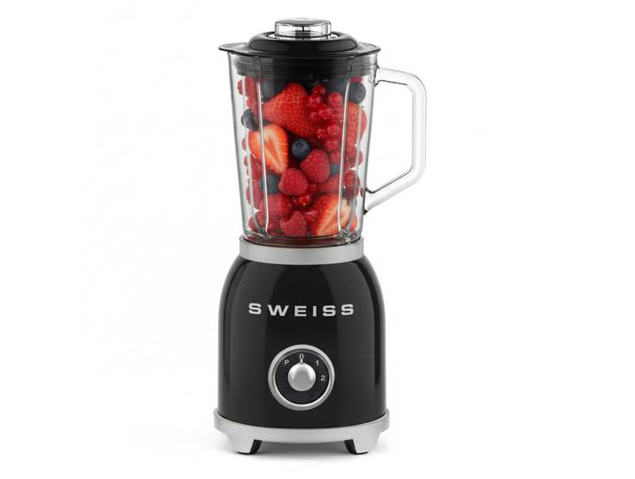 Sweiss Mixer Mxv9 Schwarz, 2 Geschwindigkeitsstufen und Pulsfunktion, 6 Edelstahlklingen, Fassungsvermögen 1,5 l, 1000 W, Metall, 19x39.3x18.5 cm, Kochgeschirr, Küchengeräte, Mixer