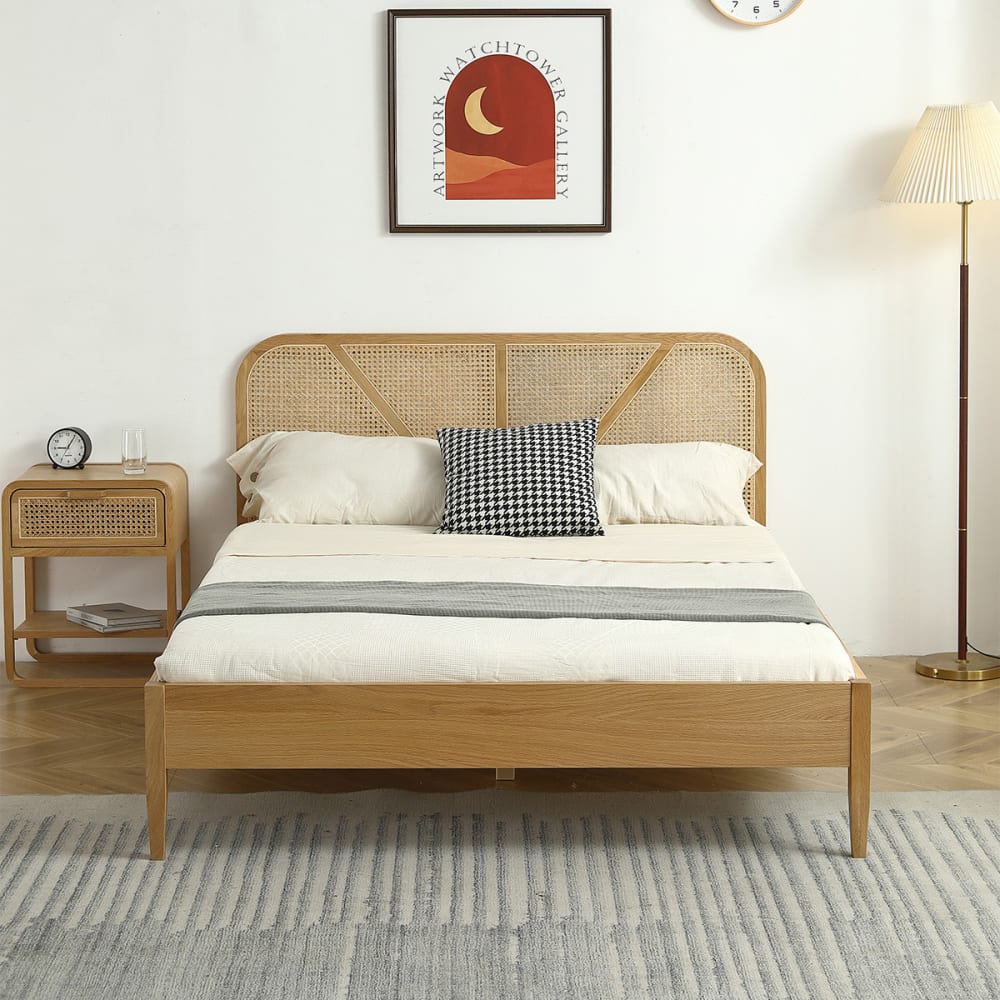 Homifab Pack lit 160x200 en bois et cannage + matelas mémoire de forme Marron 208x90x165cm