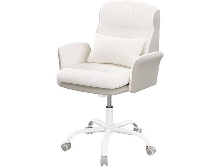Chaise de Coiffeuse avec Oreiller Siège Pivotant à Bascule Chaise de Bureau pour la CASA en Tissu Sherpa et PU Beige-Blanc