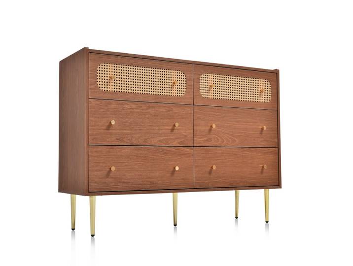 Buffet vintage 6 tiroir en rotin poignées et pieds dorés 120*90*40cm