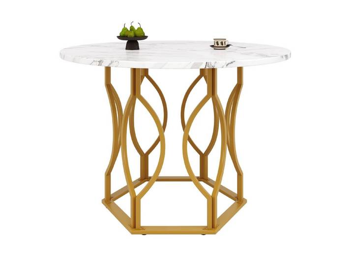 EXTSUD Esstisch Runder Esstisch 100 cm – MDF-Marmorplatte, goldene Metallbeine (MDF marmorierte Tischplatte, goldene Beine), geeignet für Esszimmer, Wohnzimmer,Tischbeine aus Metall