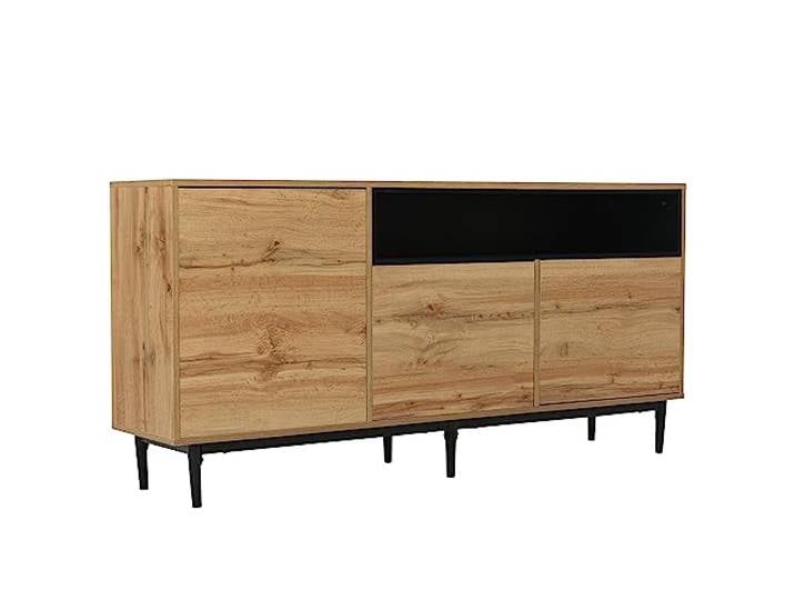 FurnitureR Eichenholz Standregal mit schwarzen Akzenten, moderner Industriestil, langlebige Konstruktion, 160 cm Breite, praktische Aufbewahrungslösung