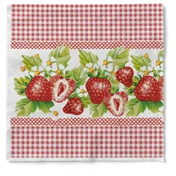 Sovie HOME Serviette Erdbeeren in Rot-Weiß aus Tissue 33 x 33 cm, 20 Stück - Erdbeeren Frühling Sommer Karo Muster