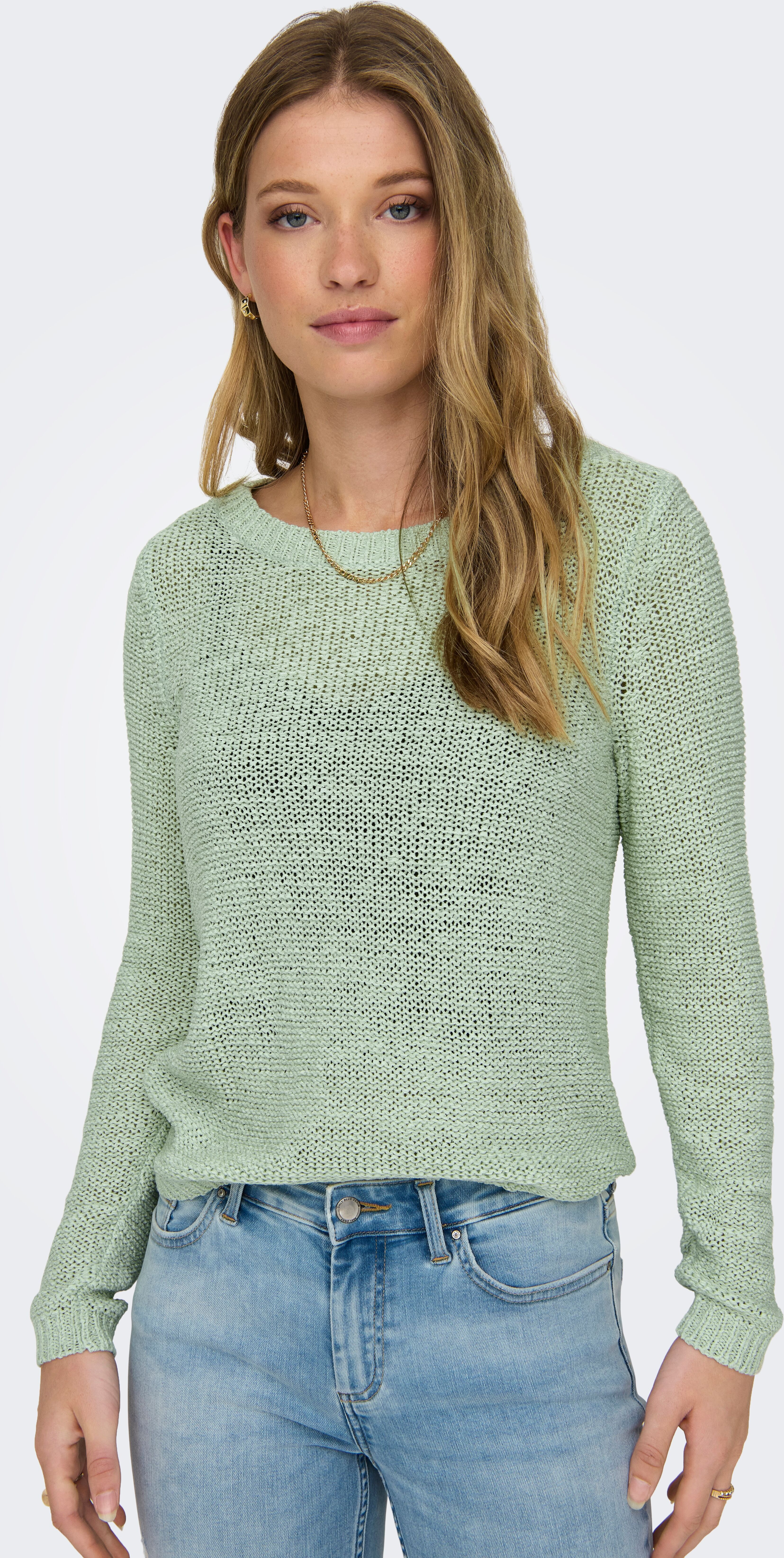 Strickpullover ONLY "ONLGEENA XO L/S PULLOVER KNT NOOS", Damen, Gr. S, grün (subtle grün), Strick, Obermaterial: 65% Polyacryl, 35% Polyamid, unifarben, tailliert kurz, Rundhals, Rippstrickbündchen, Pullover Strickpullover, Materialmix, regular fit subtle