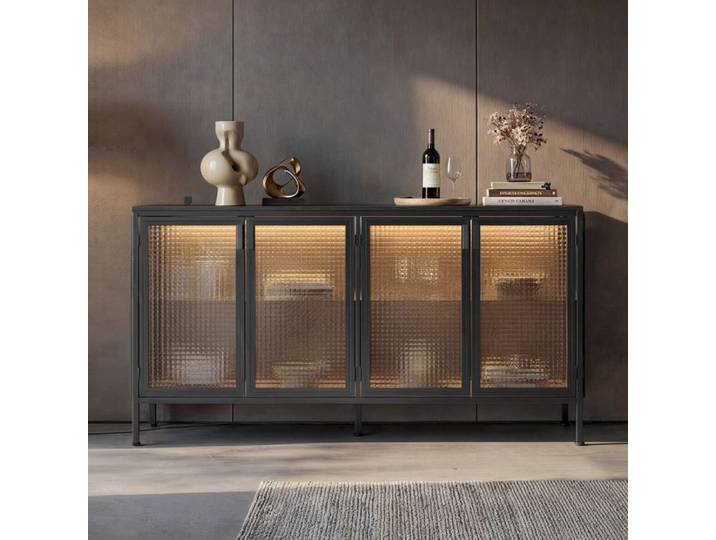 Buffet FUFU&GAGA moderne avec 4 portes éclairage LED 3 couleurs intégré verre trempé Salon 150x40x80 Noir