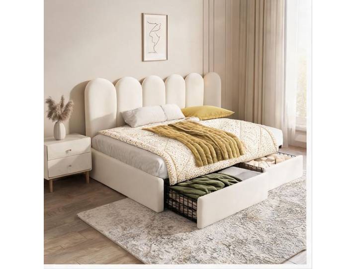 Lit une place en velours beige-toned 90x200 cm avec tiroirs de rangement et dossier capitonné
