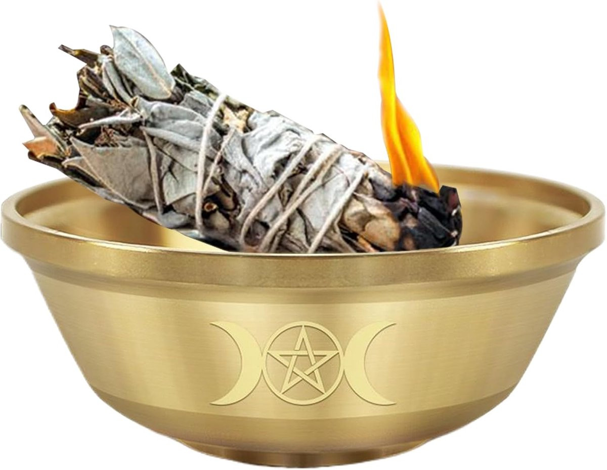 Rituele schaal met pentagram in messing - Gouden metalen opbergschaal voor meditatie en ceremonie - Diameter: 9 cm