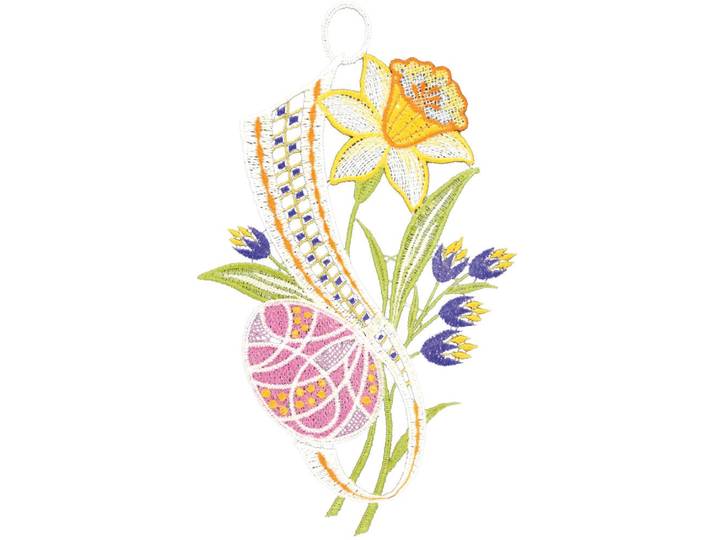 Fensterbild Fensterbild Narzisse und Ei farbig , bunt, B:14cm H:24cm, Polyester, W. REUTER & SOHN - PLAUENER SPITZE, Fensterbilder, Fensterbild