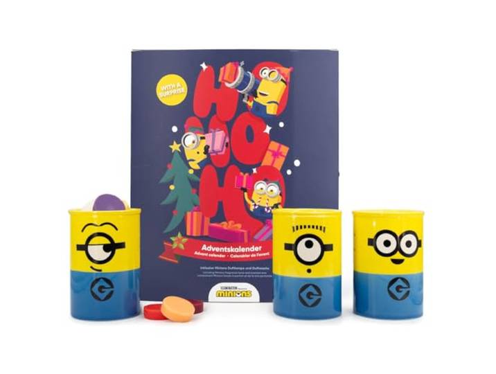 Minions Adventskalender mit Duftlampe & 24 Duftwachs-Würfeln – Offizieller Minions Kalender mit Stuart, Carl oder Bob – 12 verschiedene Düfte für Teelichtlampe – Geschenke für Kinder & Erwachsene