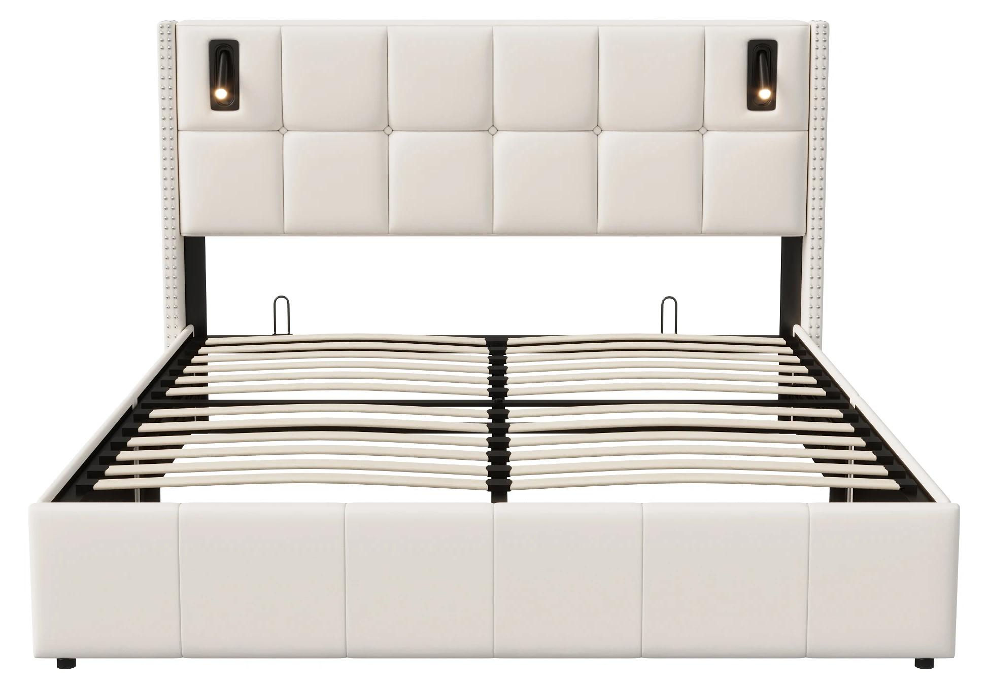 Polsterbett - Doppelbett - 140 x 200 cm - Hydraulischer Bettkasten - Lattenrost - Samt - Beige