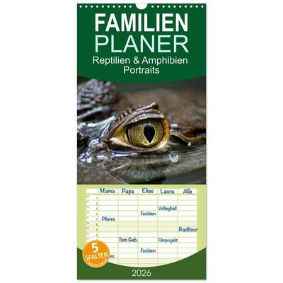 Familienplaner 2026 - Reptilien & Amphibien Portraits mit 5 Spalten (Wandkalender, 21 x 45 cm) CALVENDO