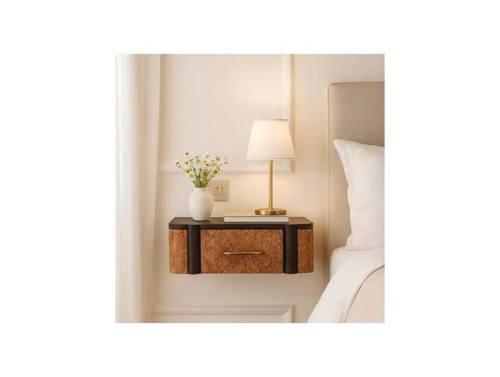 Solid Wood Rattan Curve Wall-Mounted Drawer 1 Drawer Dark Brown