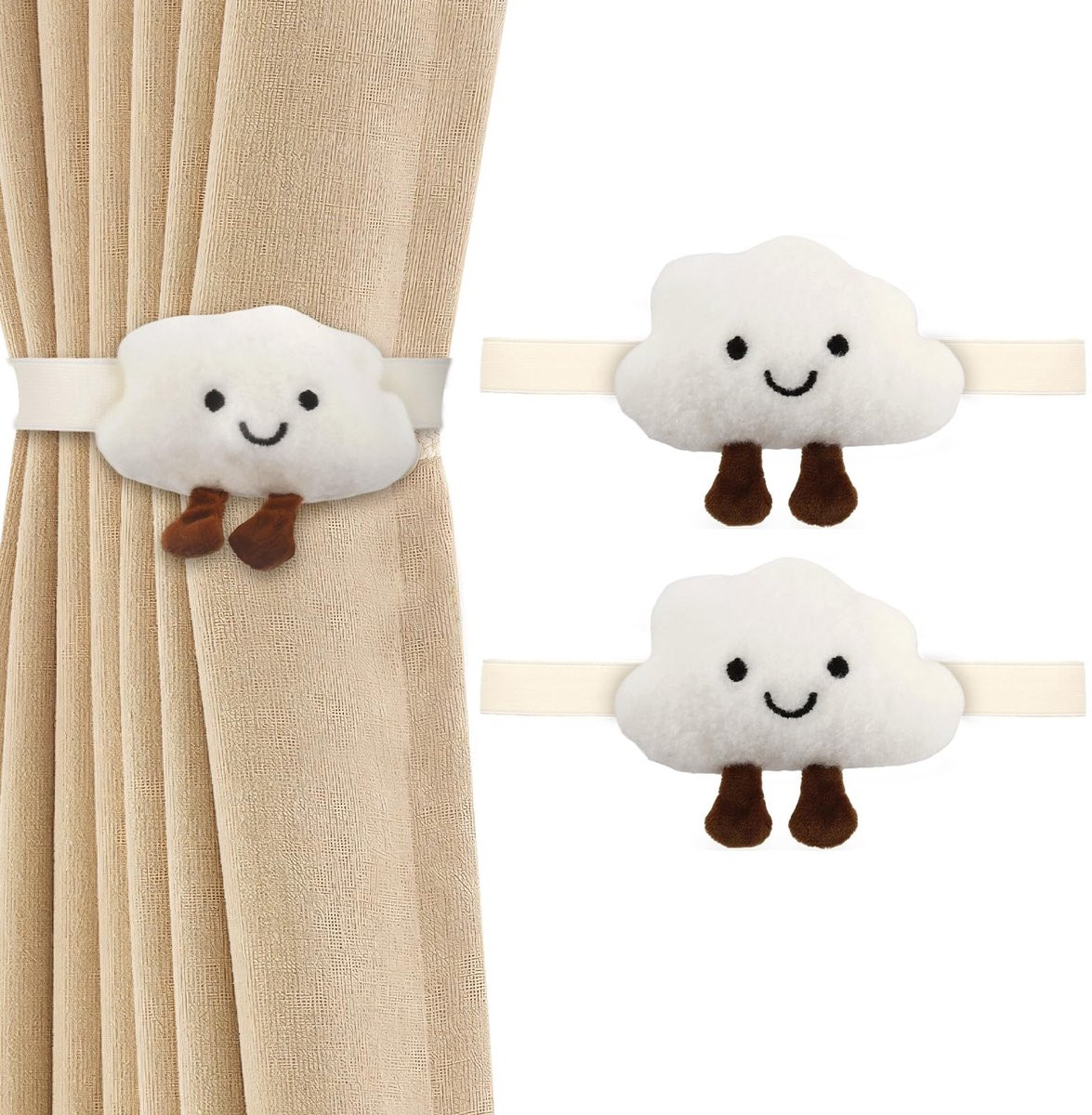 Dailygoods Gordijnclips Wolken - 2 stuks - 40 cm - Pluche gordijnhouder voor kinderkamers