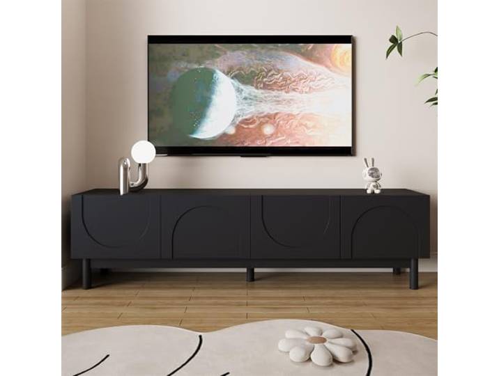 FammyLoft 169cm TV Lowboard mit 4 Gewölbten Wellenförmigen Türen, TV Schrank mit Regalen und Stabilisierenden Beinen, Fernseher Schrank für Wohnzimmer, TV-Tisch, TV-Ständer, Schwarz