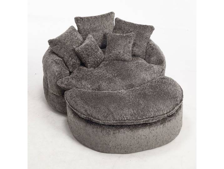 Fauteuil Lounge Rond en Tissu Bouclé avec Pouf Inclus Grand Fauteuil Confort Oversize Gris