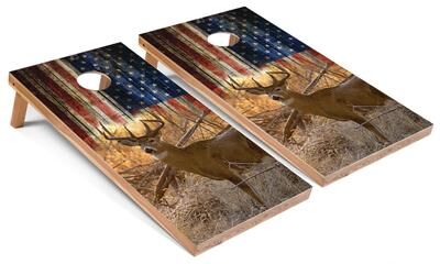 Skip's Garage Solid Wood Cornhole Boards - American Flag Deer Design