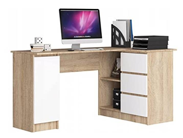 BDW Eckschreibtisch Eiche Sonoma/Weiß, 3 Schubladen rechts und 4 Einlegeböden, viel Platz zum Ausbreiten. Perfekt für Jugendzimmer, Büros und Ateliers