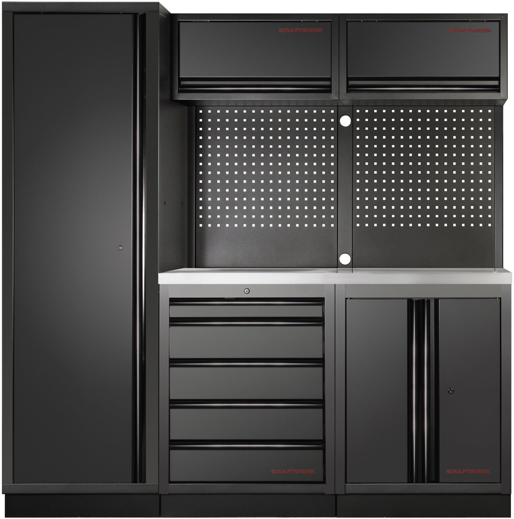 Kraftwerk 3-Element-Schrankwand mit Vierkantlochwand Inox-Arbeitsplatte (3964A-BLK-IX)