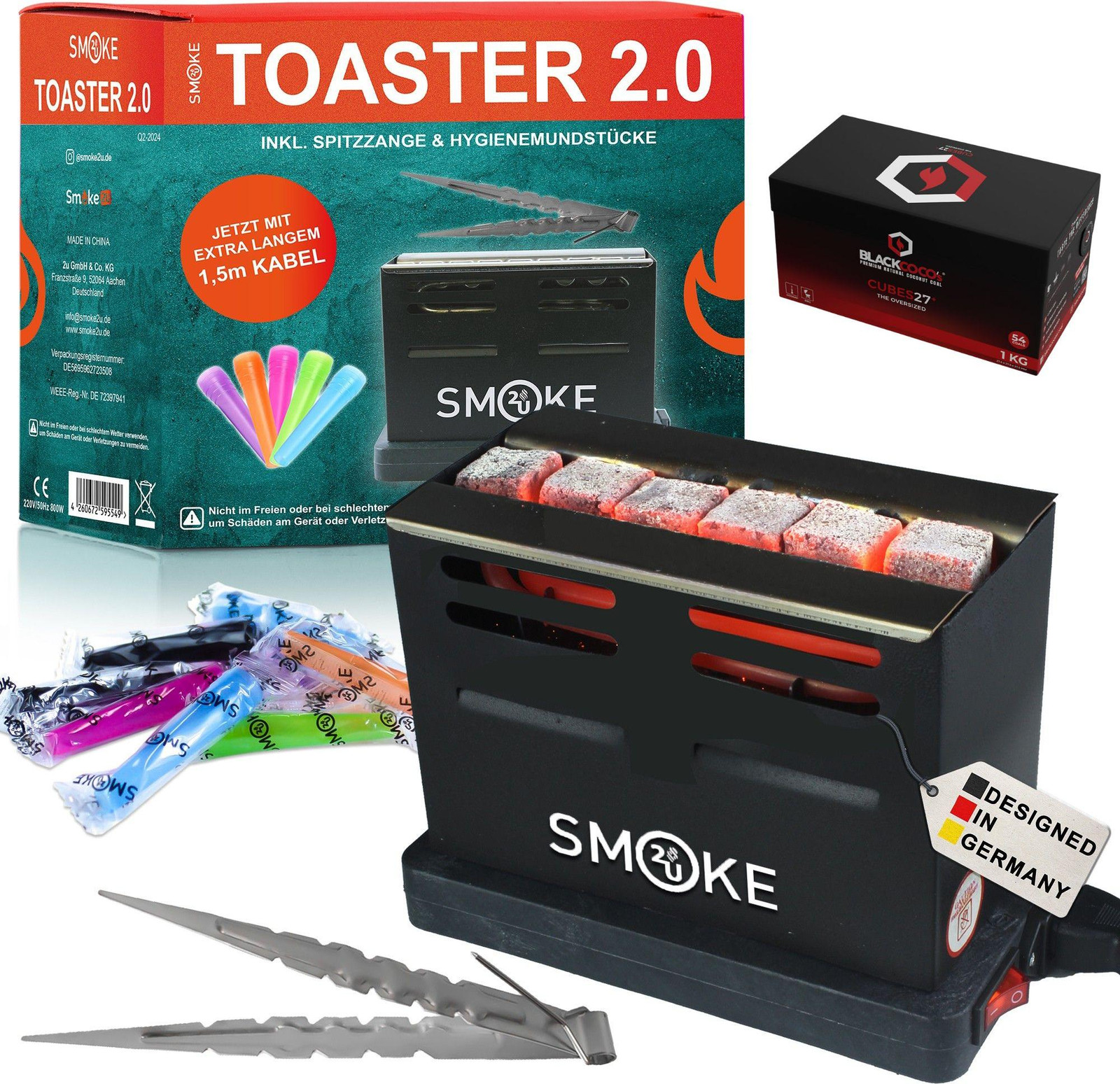 Smoke2u Elektrische kolenontsteker 800 W Toaster 2.0 inclusief 2 kg Blackcoco's 26er natuurlijke kolen