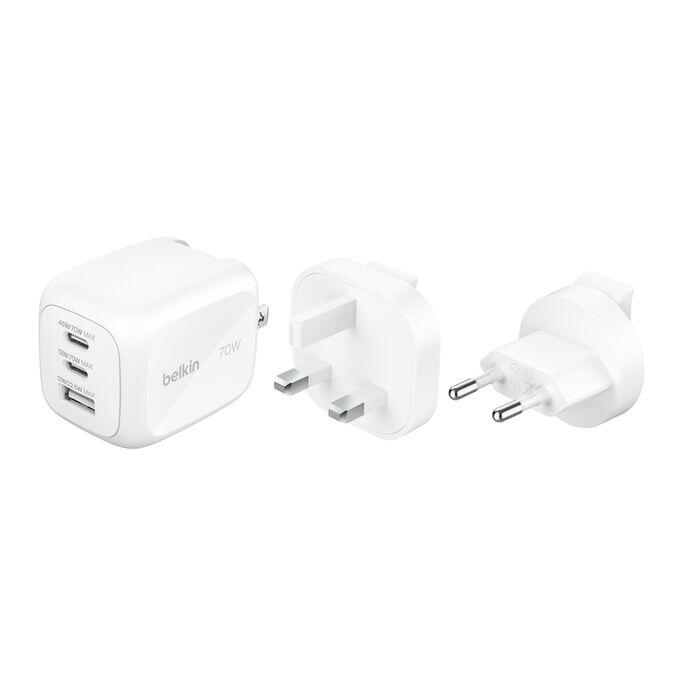 Belkin BoostCharge Pro 70 W 3-Port-GaN-Ladegerät inkl. Reiseadapter-Set, weiß WCH018hqWH
