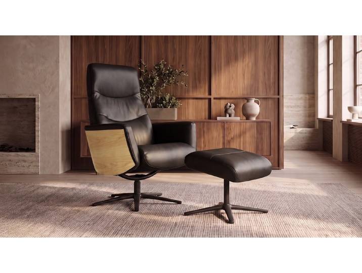KAWOLA Relaxsessel VANITAS Leder schwarz Eichenfinish Komfort Drehsessel, 360° drehbar, Relaxfunktion, Kopfstütze, inklusive Fußhocker
