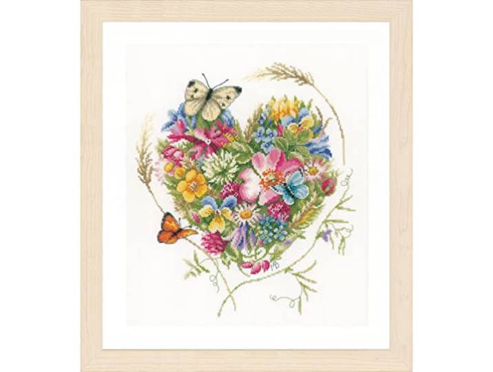 LANARTE Borduurpakket Kruissteek Schilderij EEN HART VAN BLOEMEN Handwerkpakket voor Wanddecoratie 31 x 35 cm Borduurwerk met Telpatroon DIY Kit Moderne Kruissteek Cadeau Knutselen Voor Volwassenen