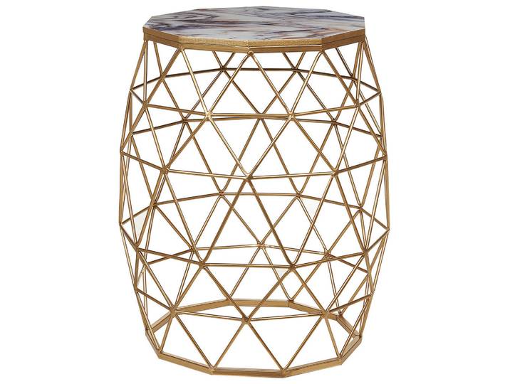 Beliani Beistelltisch Marmor Optik weiß/gold Zehneck Halsey, Goldfarben, 43x52x43 cm, Wohnzimmer, Wohnzimmertische, Beistelltische