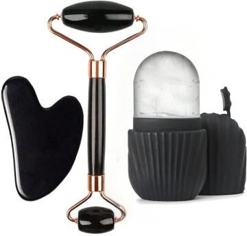 Uplift Essentials 3 Piece Ice Facial Roller And Gua Sha Tool Set black