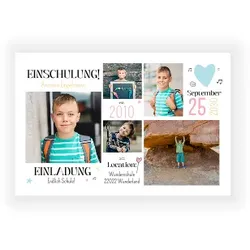 Einladungskarte Einschulung: Bildreiche Einschulung mit Fotos in Weiß