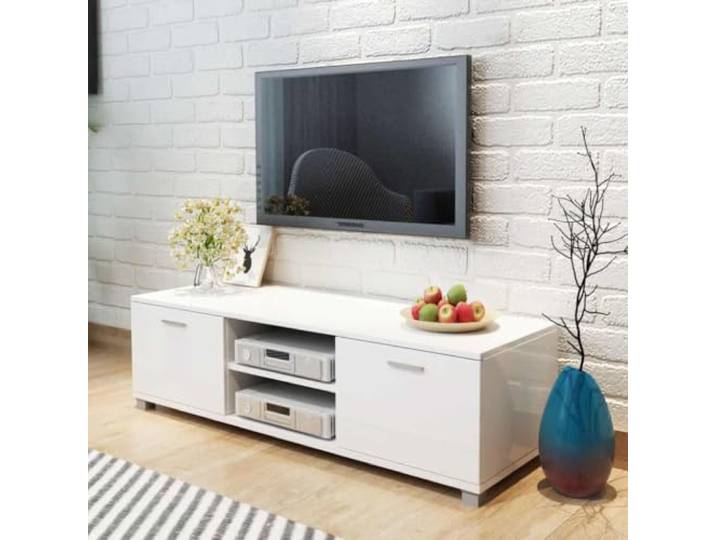 HEFZGDB TV-Schrank Hochglanz Weiß 140x40,5x35 cm mit 4 Kabelabgängen - Moderner Fernsehschrank Sideboard mit Stauraum für DVD-Player und Streaming-Gerät - Elegantes Lowboard