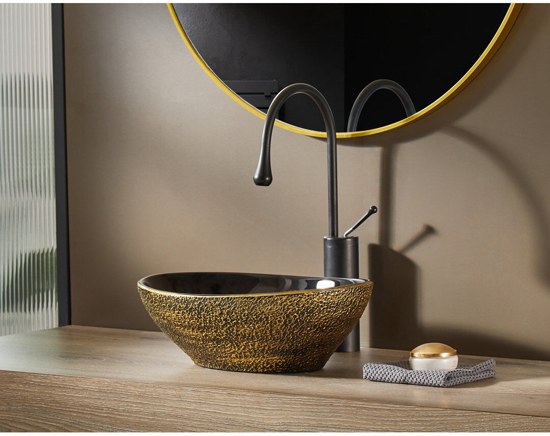 MEJE 16x13-Inch Oval Egg Shape Above Counte Bathroom Vessel Sink, Vintage Gold Brushed Gold 335mm W