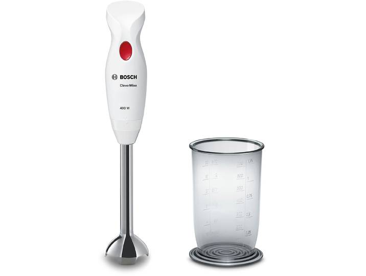 BOSCH Stabmixer CleverMixx MSM24100, Mixbecher, ergon. Griff, Made in Europe, weiß/rot , weiß, B:6cm H:37,5cm T:6cm, Mixer, schnelles Mixen auf Knopfdruck, Stabmixer