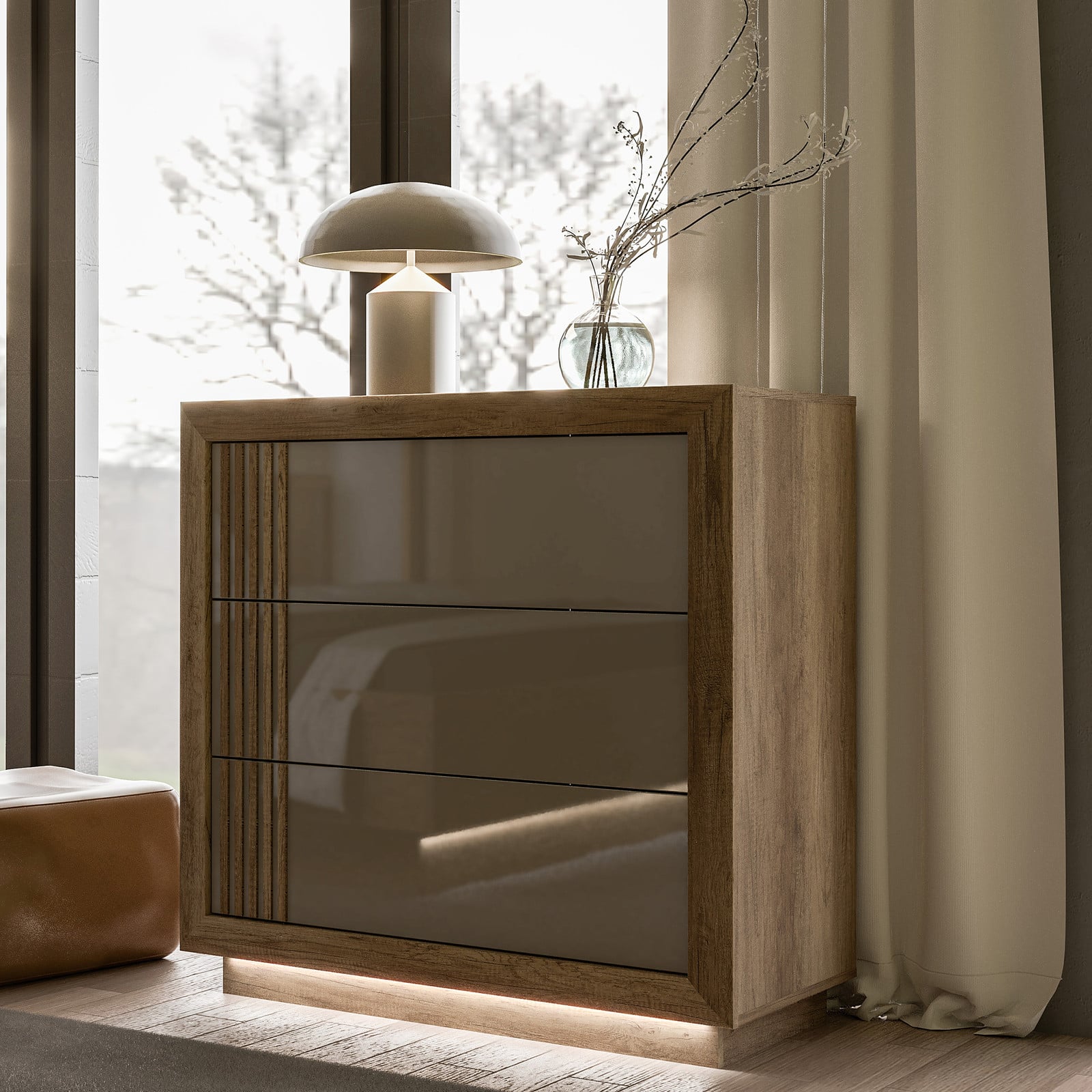 home24 Ladekast met geïntegreerde verlichting, bruin/grijs, B: 98 cm, H: 103 cm, D: 42 cm