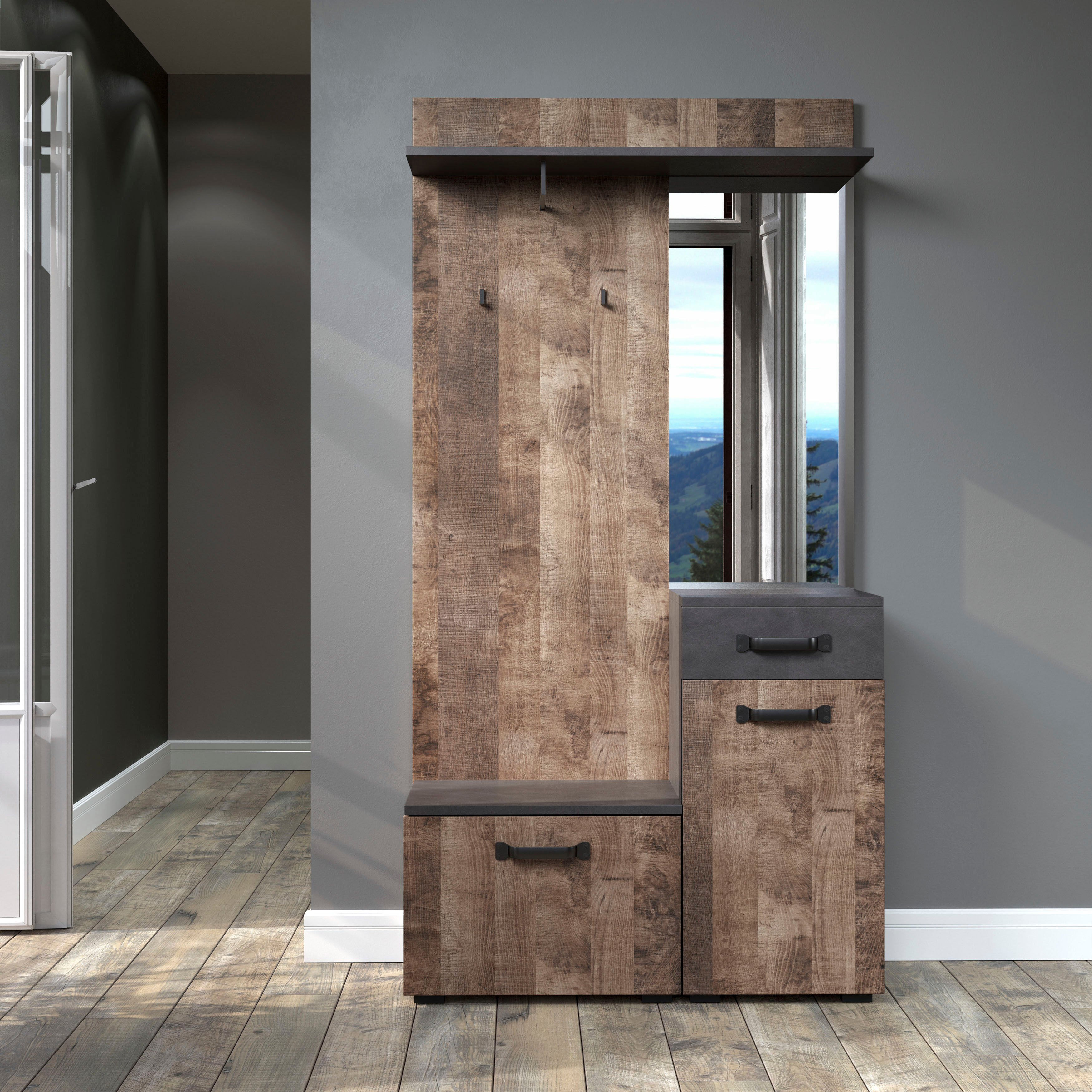 Garderobenschrank HOME AFFAIRE "Saragossa", braun (tabak eichefarben, matera), B:104cm H:190cm T:32cm, FSC-zertifizierter Holzwerkstoff, Schränke, Garderobenschrank, Kompaktgarderobe, Tür, Schublade, Klappe - (B/T/H) 104/32/190 cm tabak eichefarben, mater