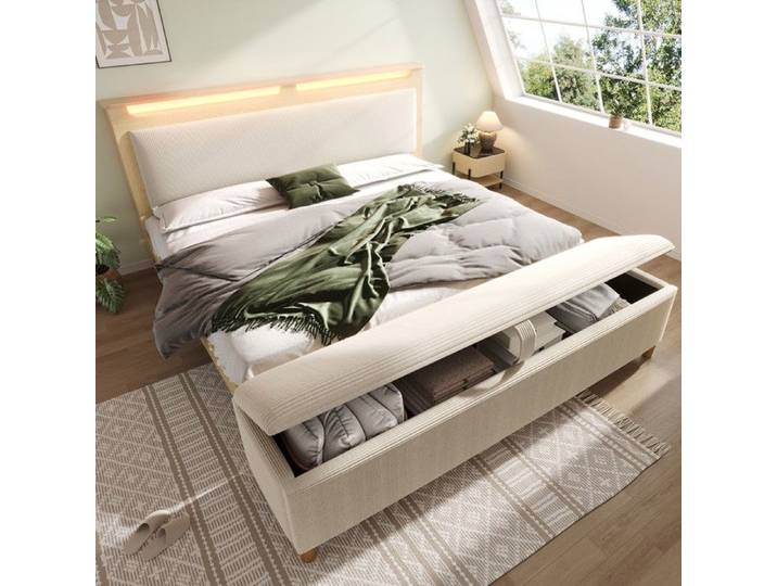 Lit double 140×200cm avec banquette de lit - Grand espace de rangement - Éclairage LED - Velours côtelé beige