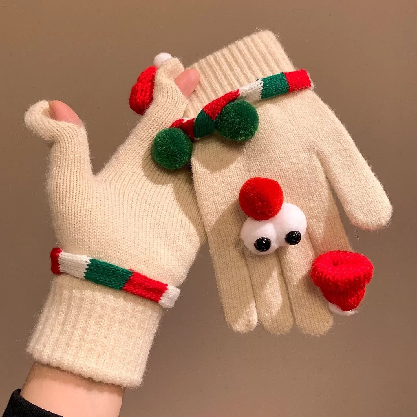 INF Weihnachtliche Strick-Plüschhandschuhe - Damen Winter Spaß Große Augen Winddichte Handschuhe Beige