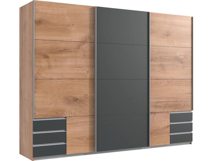 Schwebetürenschrank WIMEX Emden , grau (plankeneichefarben, graphitfarben), B:270cm H:210cm T:64cm, Holzwerkstoff, Schränke, Schwebetürenschrank, Mit Außenschubkästen