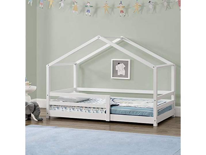 [en.casa] Kinderbett Knätten Hausbett Bodenbett 90 x 200 cm Holzbett für Kinder mit Rausfallschutz Bettgestell mit Lattenrost Kiefernholz Weiß