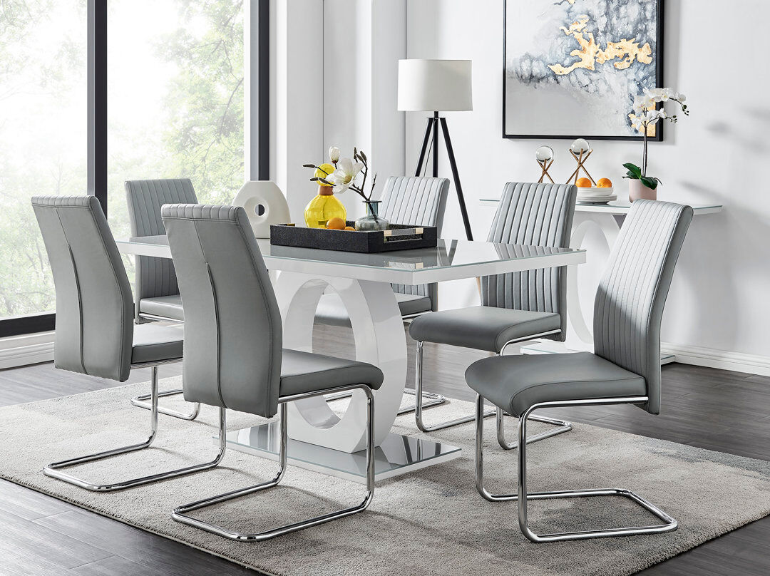 Canora Grey Scottsmoor Modern High Gloss & Glass Dining Table with 6 Luxury Faux Leather Chairs Grey 6