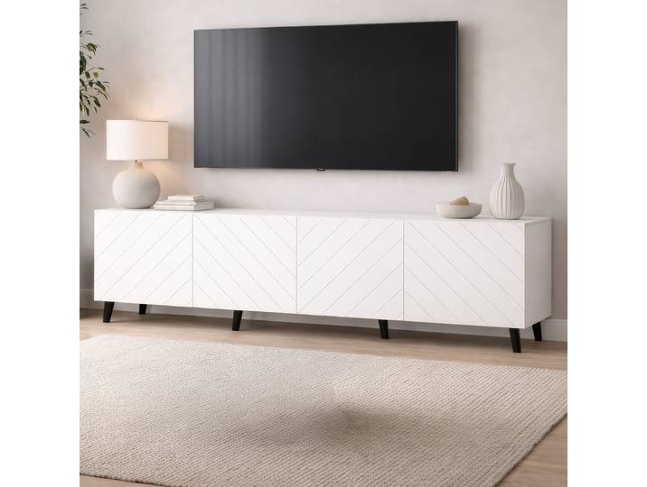 TV-Unterschrank Zolvane 2.0 Weiße Hochglänzend 200 x 42 x 53,5 cm 8 Fächern 4 Türen Griffloses Design dekorative geometrische Front
