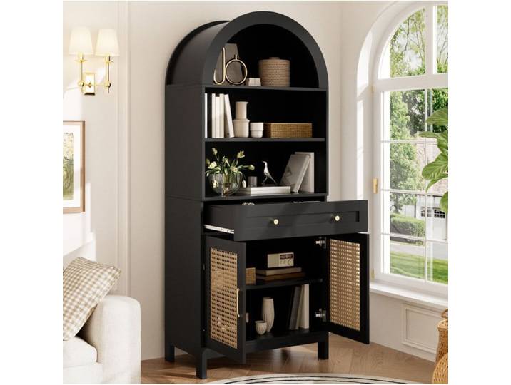 Vitrine de Rangement Moderne à Sommet Voûté - LPOSPI - 3 Niches 1 Tiroir 2 Portes Cannage Noir Aspect Bois