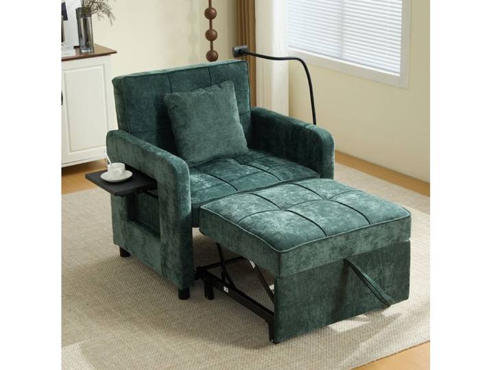 Fauteuil Convertible Fauteuil Relaxation 2 en 1 Dossier Réglable 5 Positions Tablette Rangement Chenille Verte 79 × 83 × 167 cm