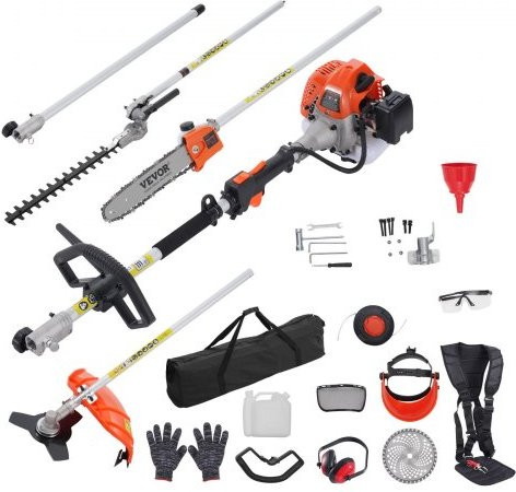 Vevor 6-in-1 benzine heggenschaar en multitool set met verlengstok, oranje