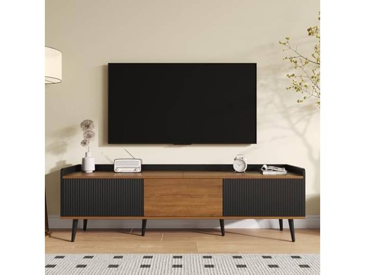 Merax TV Schrank mit 3 Türen, TV Lowboard 160 cm, TV Board Wohnzimmer Schwarz Holzoptik, TV Tisch mit Stauraum & Massivholzbeinen, TV Möbel Modern, TV Unterschrank Sideboard - 160 L x 39 W x 49,5 H