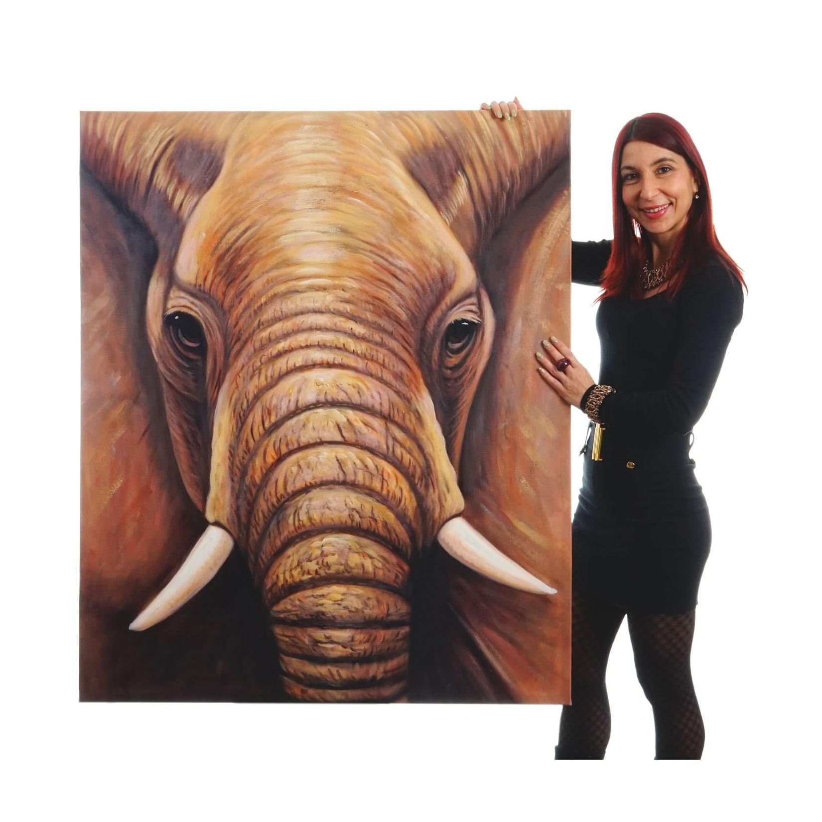 Wandbild Nahaufnahme Elefant, 100% handgemaltes Ölgemälde Gemälde XL, 120x100cm