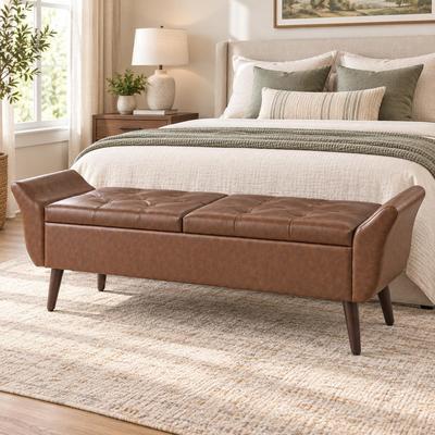 EP Light Mid-Century Faux Leather Storage Ottoman Bench with Dual Lift-Top