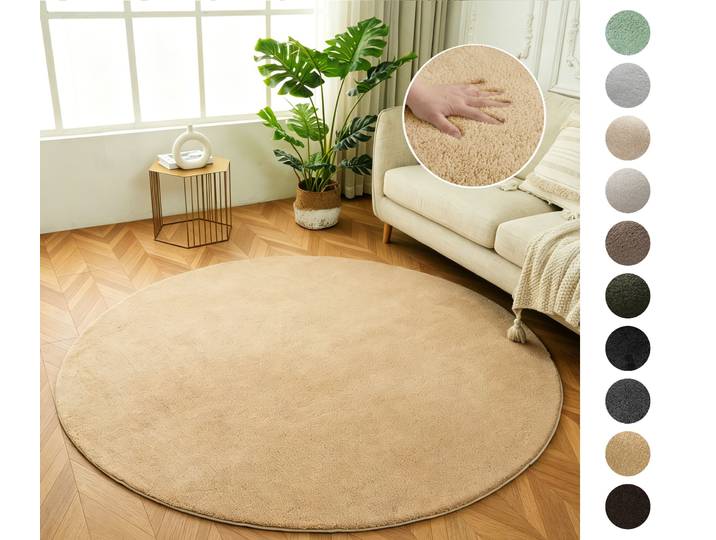 Teppich GOODPRODUCT Cali , beige, H:16mm Ø:180cm, Kunstfaser, Microfaser, Teppiche, Teppich, Uni-Farben, kuschelig, & weich, waschbar, Wohnzimmer, Schlafzimmer